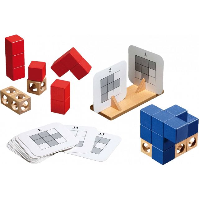 Project Cube box: red and blue blocks, hollow wooden blocks, the dual-card holder, a deck of silhouette cards.